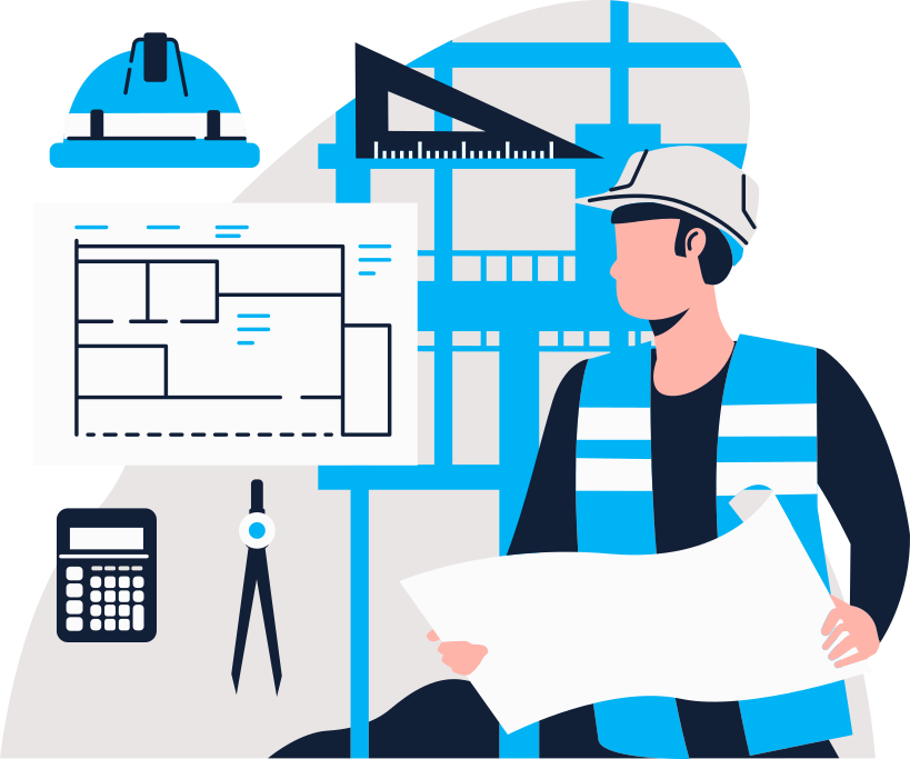 Ingeniero estudiando planos y certificación